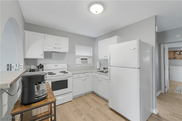 kitchen featuring white cabinets, cooling unit, light wood-type flooring, sink, and white appliances