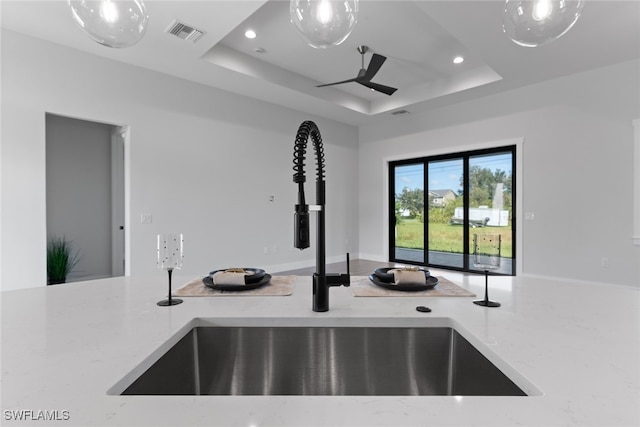 details with sink, a tray ceiling, and light stone counters