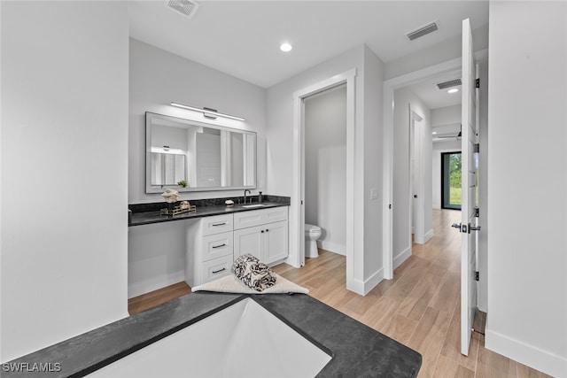 bathroom featuring vanity, wood-type flooring, and toilet