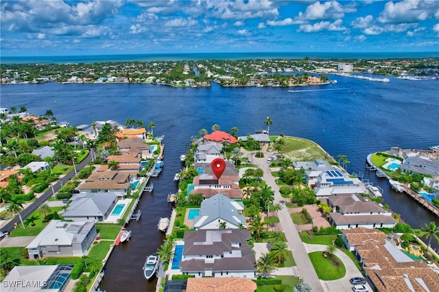 bird's eye view with a water view