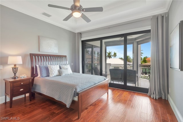 bedroom featuring ceiling fan, crown molding, hardwood / wood-style flooring, and access to outside