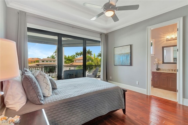 bedroom with ensuite bath, hardwood / wood-style flooring, ornamental molding, access to outside, and ceiling fan