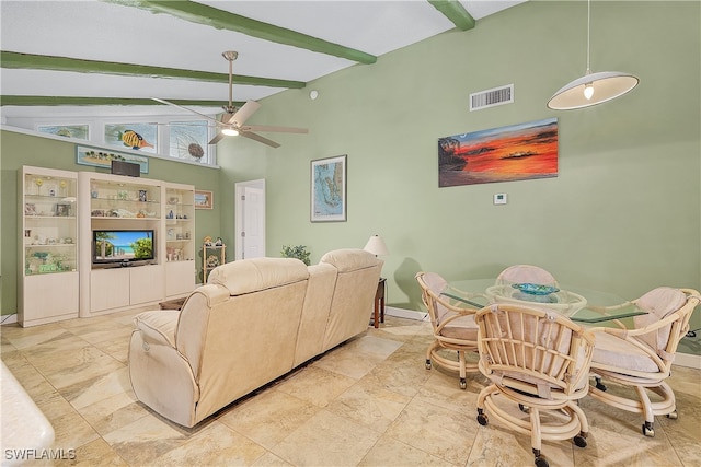 living room featuring ceiling fan, high vaulted ceiling, and beamed ceiling