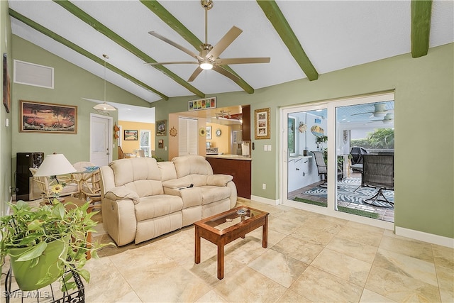 living room featuring lofted ceiling with beams and ceiling fan