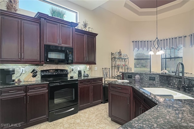 kitchen featuring hanging light fixtures, backsplash, sink, black appliances, and a chandelier