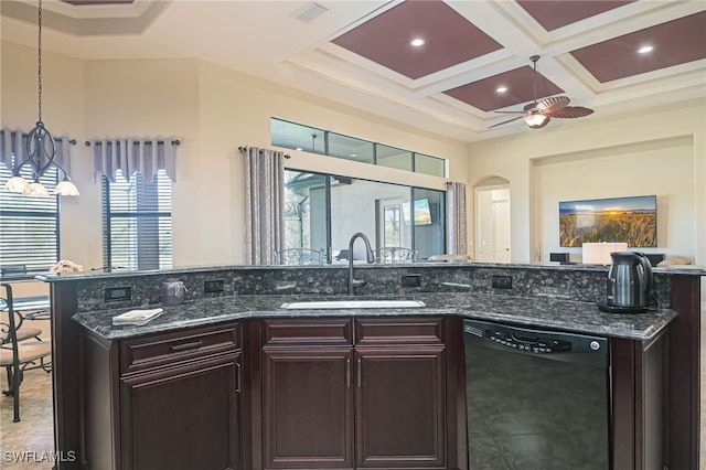 kitchen with black dishwasher, ornamental molding, dark stone countertops, sink, and coffered ceiling