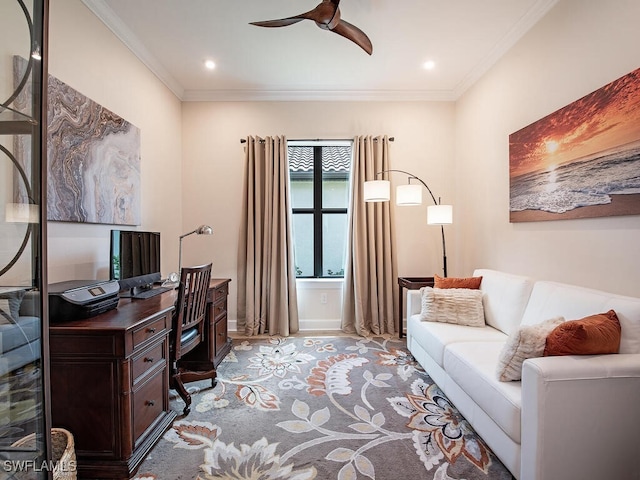 office with crown molding and ceiling fan