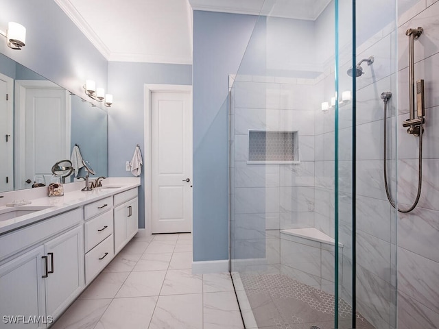 bathroom featuring vanity, an enclosed shower, and ornamental molding