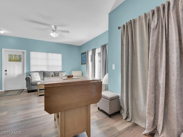 interior space with ceiling fan, light hardwood / wood-style floors, and plenty of natural light