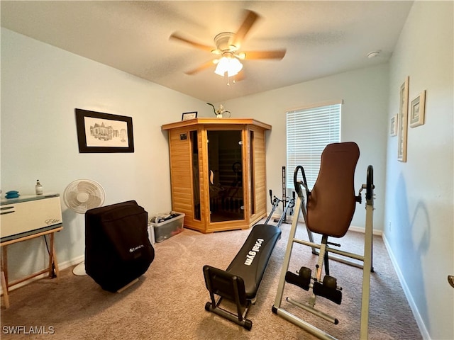 exercise room with ceiling fan and carpet floors