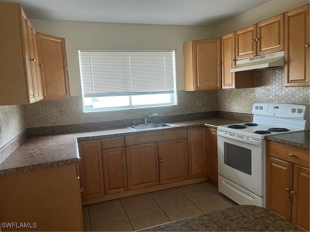 kitchen with white electric range, light tile patterned flooring, sink, and backsplash