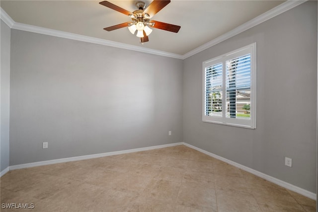 empty room featuring ornamental molding and ceiling fan