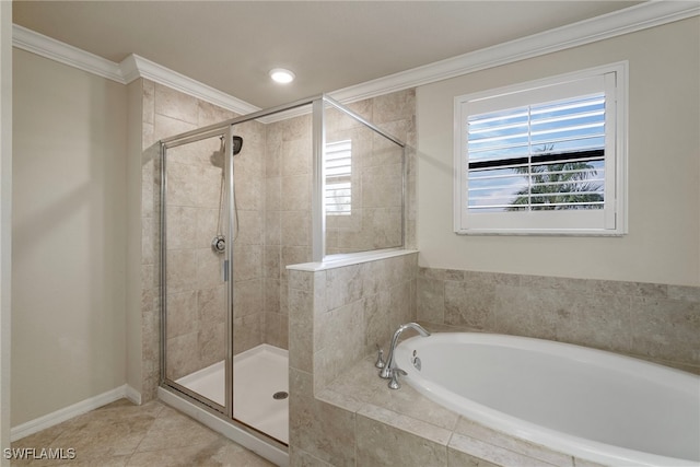 bathroom featuring tile patterned flooring, crown molding, and shower with separate bathtub