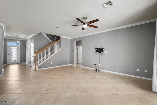 tiled empty room featuring crown molding and ceiling fan with notable chandelier