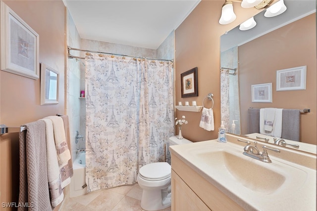 full bathroom with shower / tub combo with curtain, vanity, toilet, and tile patterned flooring