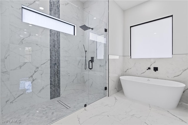 bathroom featuring tile walls and plus walk in shower