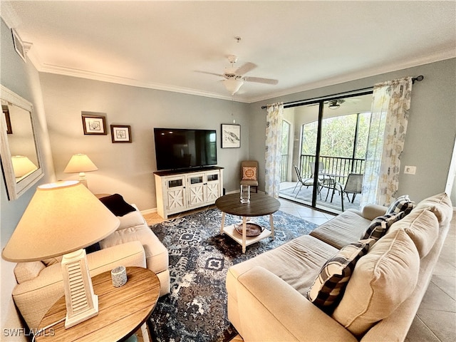 tiled living room with crown molding and ceiling fan