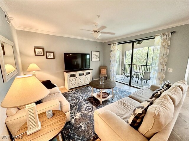 9834 Giaveno Cir Unit 1723, Naples, FL 34113 - tiled living room featuring a ceiling fan, baseboards, and ornamental molding