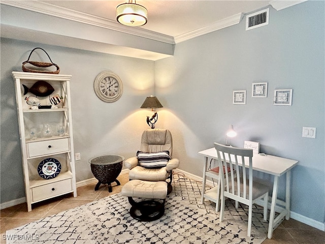 living area featuring ornamental molding and tile patterned flooring