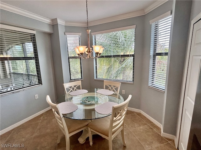 tiled dining room featuring an inviting chandelier, a healthy amount of sunlight, and crown molding