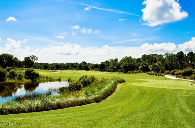 view of property's community with a yard and a water view