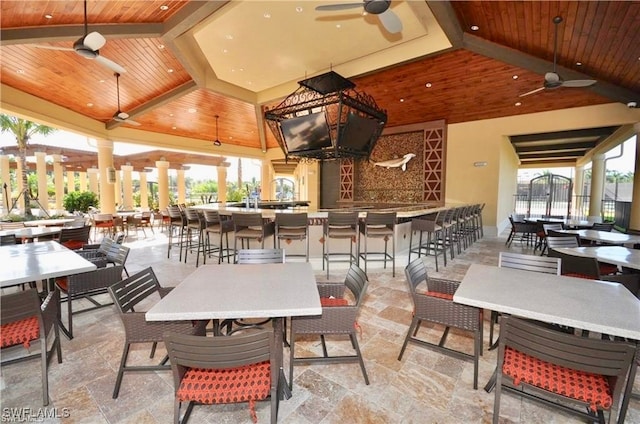 dining area with beamed ceiling, wood ceiling, high vaulted ceiling, and ceiling fan