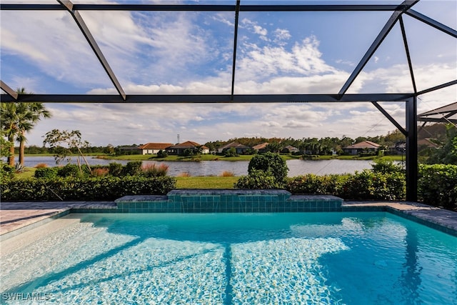 view of pool featuring a water view and a lanai