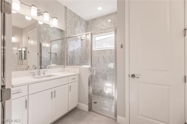 bathroom with vanity, walk in shower, and tile patterned flooring