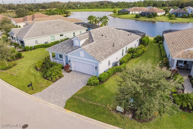 aerial view featuring a water view