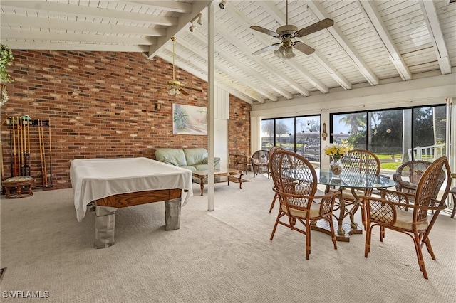 sunroom / solarium with ceiling fan, wooden ceiling, billiards, and vaulted ceiling with beams