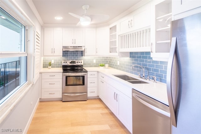 kitchen featuring decorative backsplash, white cabinets, sink, light hardwood / wood-style floors, and stainless steel appliances