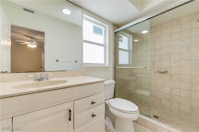 bathroom with a wealth of natural light, vanity, a shower with shower door, and toilet