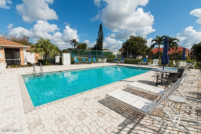 view of swimming pool featuring a patio area