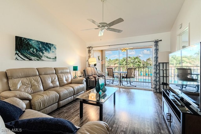 living room featuring lofted ceiling, ceiling fan, and dark hardwood / wood-style floors