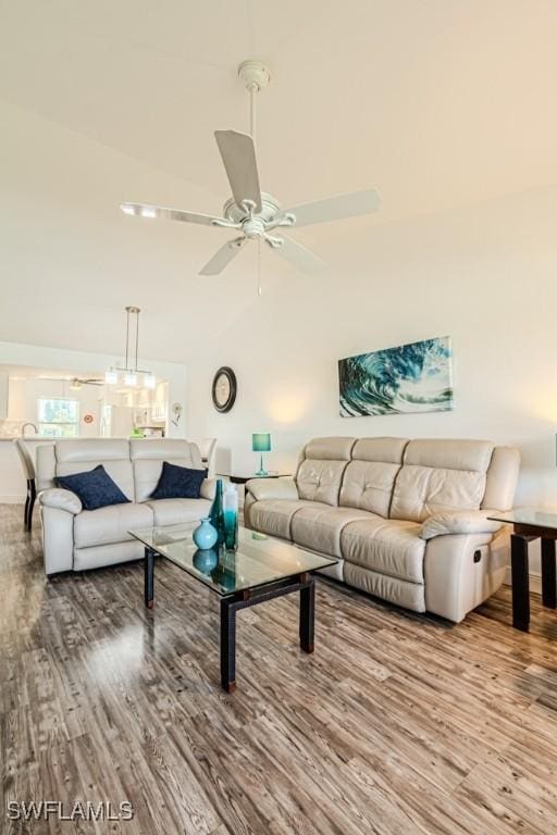 living room with ceiling fan and wood-type flooring