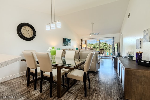 dining area featuring high vaulted ceiling, dark hardwood / wood-style floors, and ceiling fan