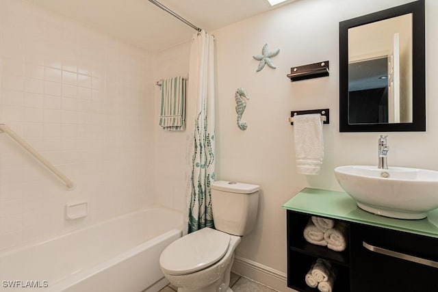 full bathroom with shower / bath combo with shower curtain, toilet, and vanity