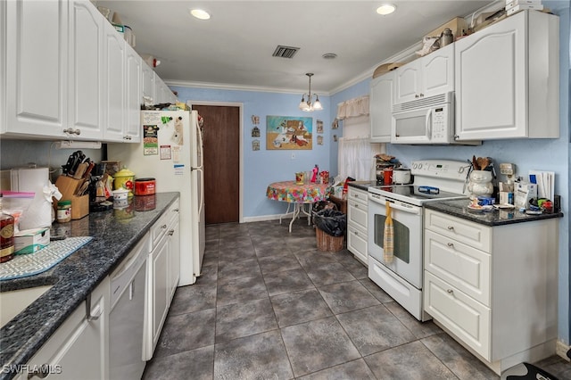 kitchen with ornamental molding, white cabinetry, decorative light fixtures, and white appliances