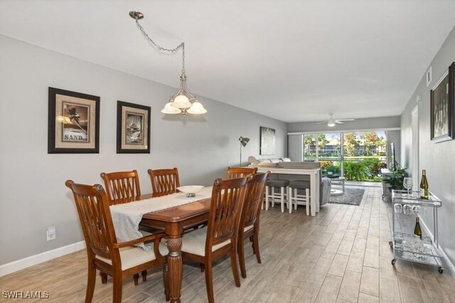 dining area featuring light hardwood / wood-style flooring and ceiling fan