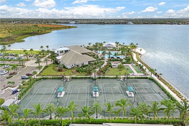 aerial view featuring a water view