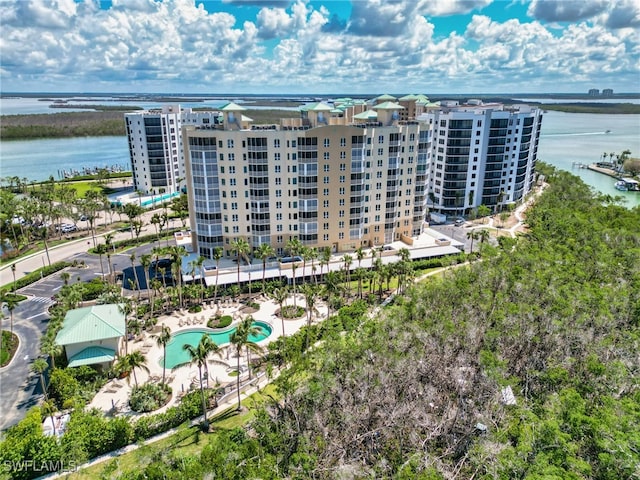 birds eye view of property featuring a water view