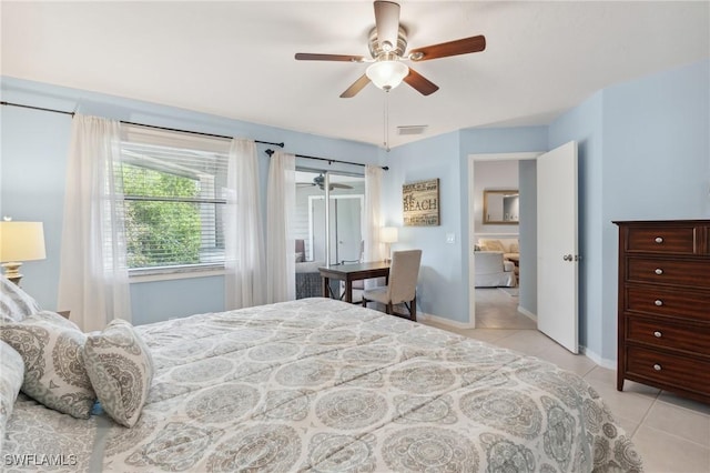 bedroom featuring light tile patterned floors, visible vents, ceiling fan, and baseboards