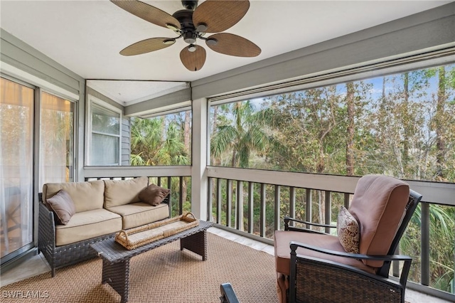 sunroom with an outdoor hangout area and ceiling fan