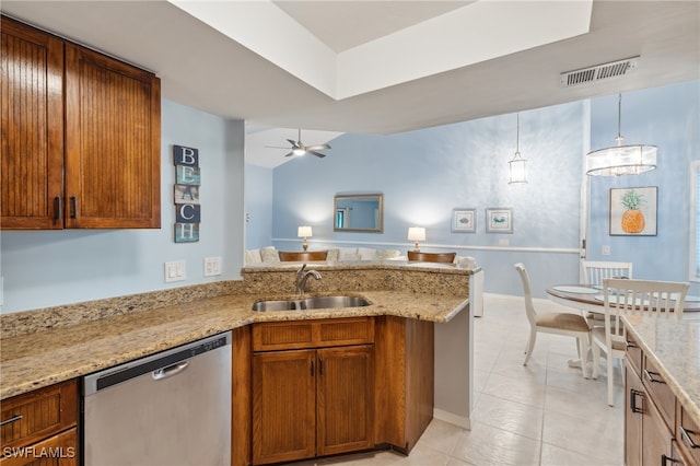 kitchen featuring sink, kitchen peninsula, hanging light fixtures, ceiling fan, and stainless steel dishwasher