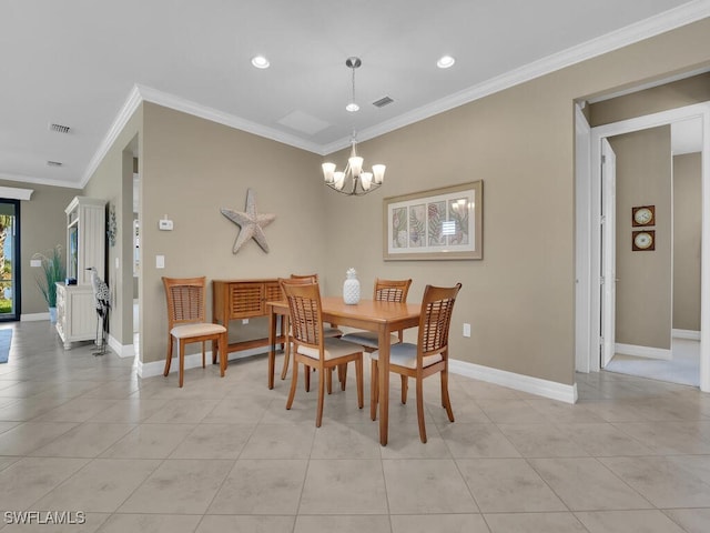 tiled dining space with crown molding and an inviting chandelier