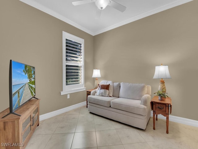 living room featuring ornamental molding, light tile patterned floors, and ceiling fan