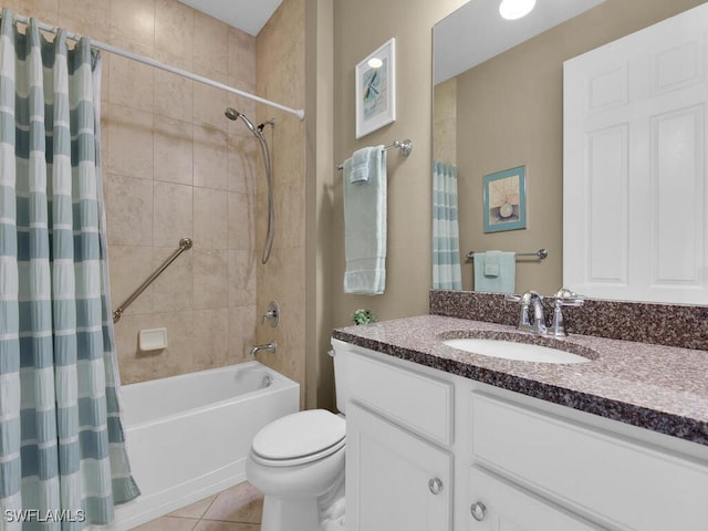 full bathroom featuring vanity, shower / tub combo with curtain, toilet, and tile patterned floors