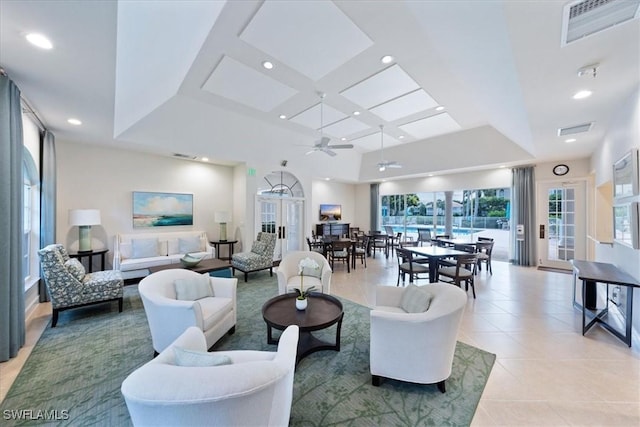 7725 Pebble Creek Cir Unit 8-303, Naples, FL 34108 - living room with recessed lighting, coffered ceiling, light tile patterned floors, ceiling fan, and beam ceiling
