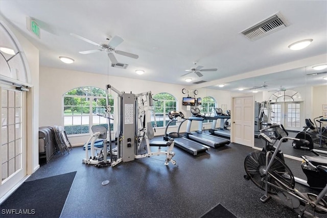 7725 Pebble Creek Cir Unit 8-303, Naples, FL 34108 - gym featuring a ceiling fan and baseboards