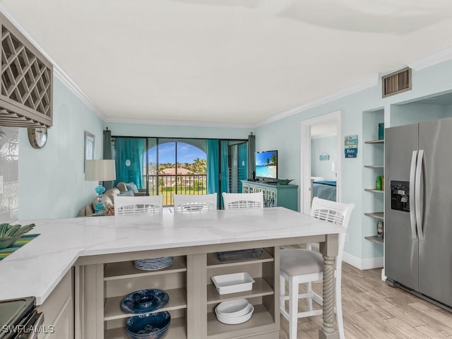 kitchen featuring open shelves, stainless steel appliances, visible vents, and ornamental molding